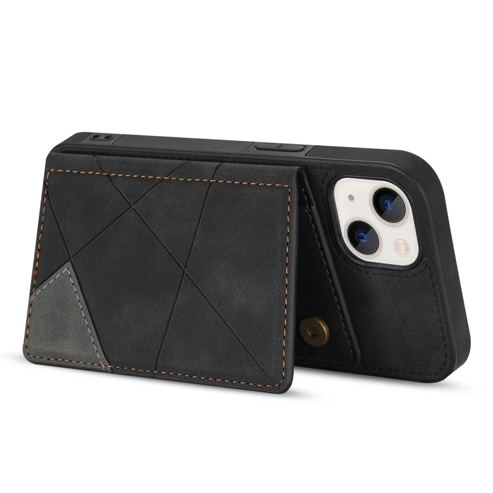 For iPhone 14 6.1 inch Line Splicing Imprinted Phone Case Card Holder Kickstand Anti-scratch PU Leather Phone Cover - Black - 4