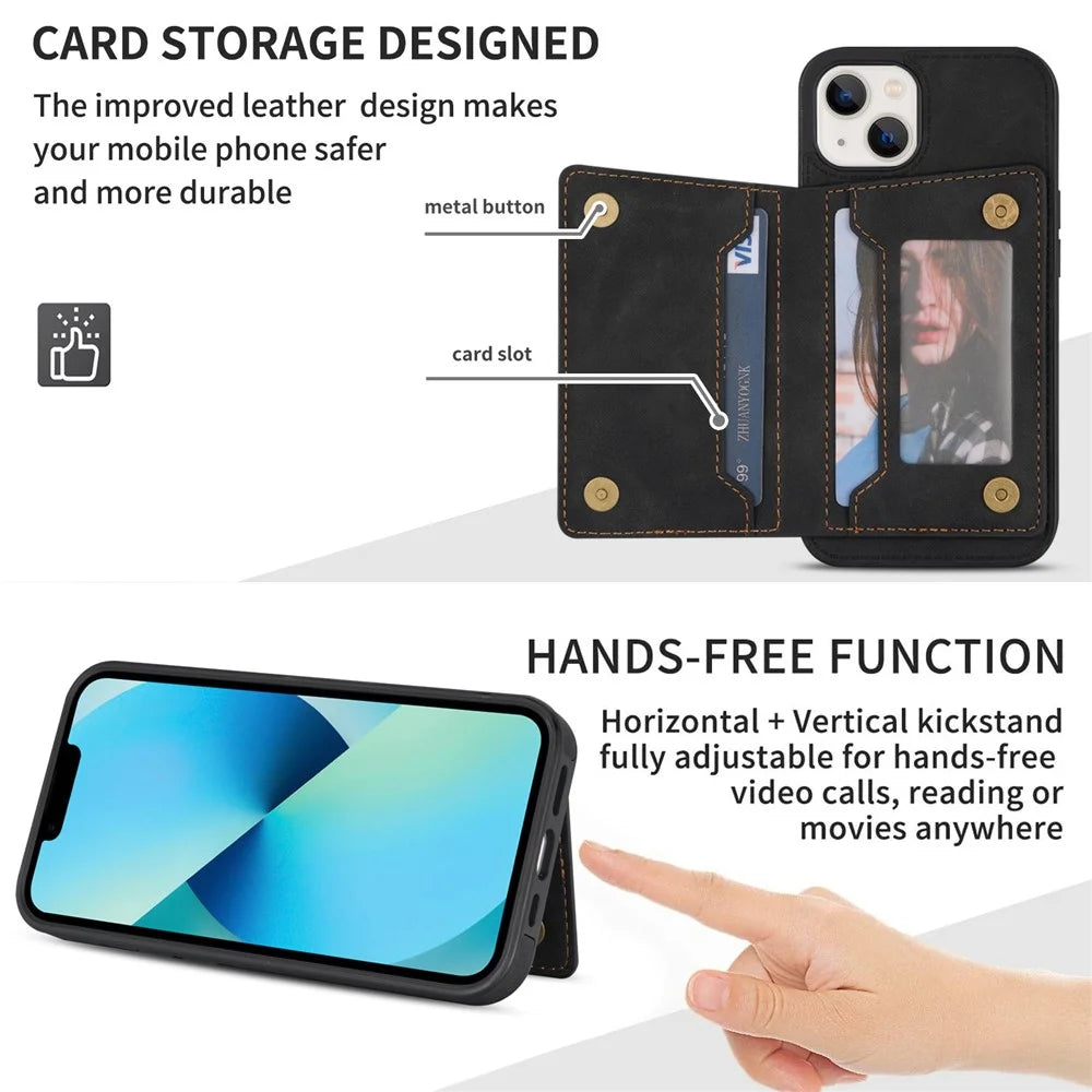 For iPhone 14 6.1 inch Line Splicing Imprinted Phone Case Card Holder Kickstand Anti-scratch PU Leather Phone Cover - Black - 5