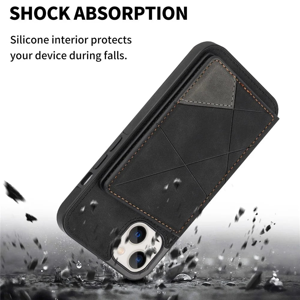 For iPhone 14 6.1 inch Line Splicing Imprinted Phone Case Card Holder Kickstand Anti-scratch PU Leather Phone Cover - Black - 6