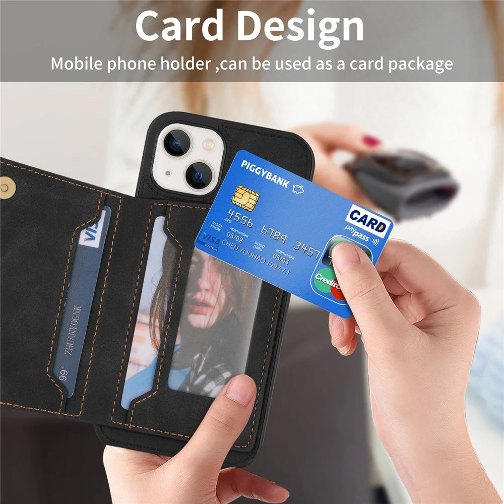For iPhone 14 6.1 inch Line Splicing Imprinted Phone Case Card Holder Kickstand Anti-scratch PU Leather Phone Cover - Black - 7