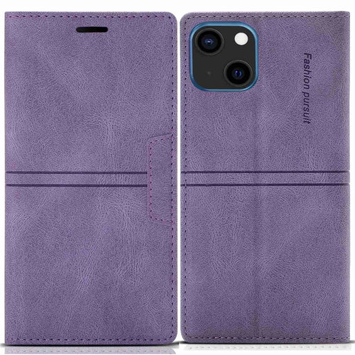 For iPhone 14 Plus 6.7 inch Shockproof PU Leather + TPU Wallet Stand Case Magnetic Auto-absorbed Phone Cover - Purple - 1