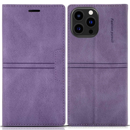 For iPhone 14 Pro Max 6.7 inch Anti-fall PU Leather Wallet Case Magnetic Auto-absorbed Phone Cover with Stand - Purple - 1