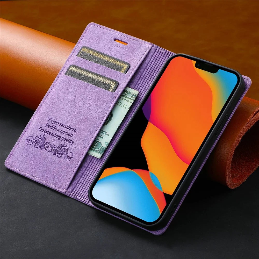 For iPhone 14 Pro Max 6.7 inch Anti-fall PU Leather Wallet Case Magnetic Auto-absorbed Phone Cover with Stand - Purple - 5