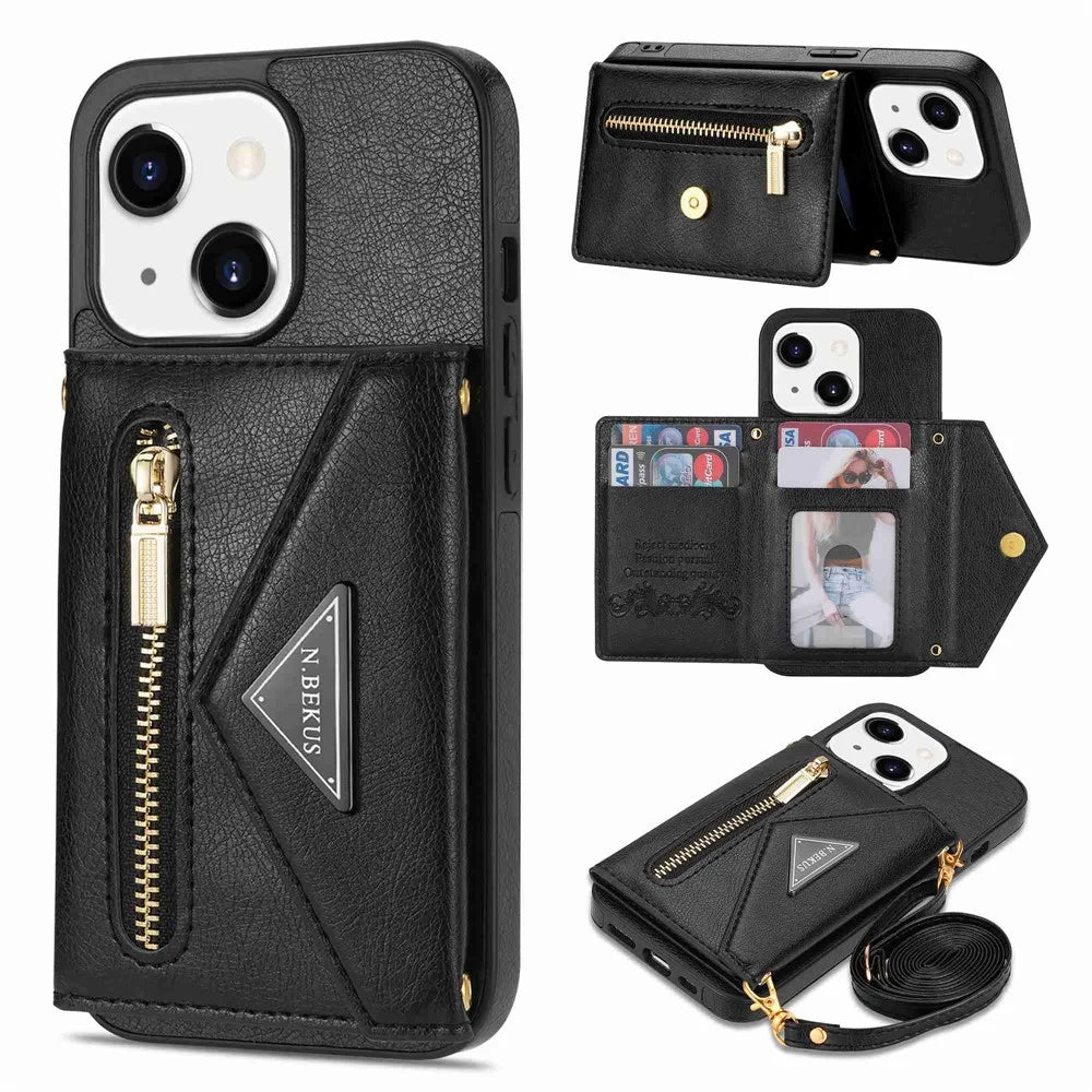N.BEKUS Phone Wallet Case for iPhone 14 6.1 inch, Anti-fall PU Leather Coated TPU Back Cover Card Holder Kickstand with Strap - Black - 1