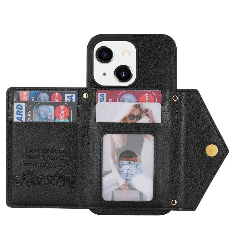 N.BEKUS Phone Wallet Case for iPhone 14 6.1 inch, Anti-fall PU Leather Coated TPU Back Cover Card Holder Kickstand with Strap - Black - 2