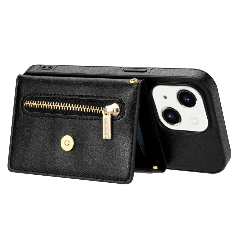 N.BEKUS Phone Wallet Case for iPhone 14 6.1 inch, Anti-fall PU Leather Coated TPU Back Cover Card Holder Kickstand with Strap - Black - 4