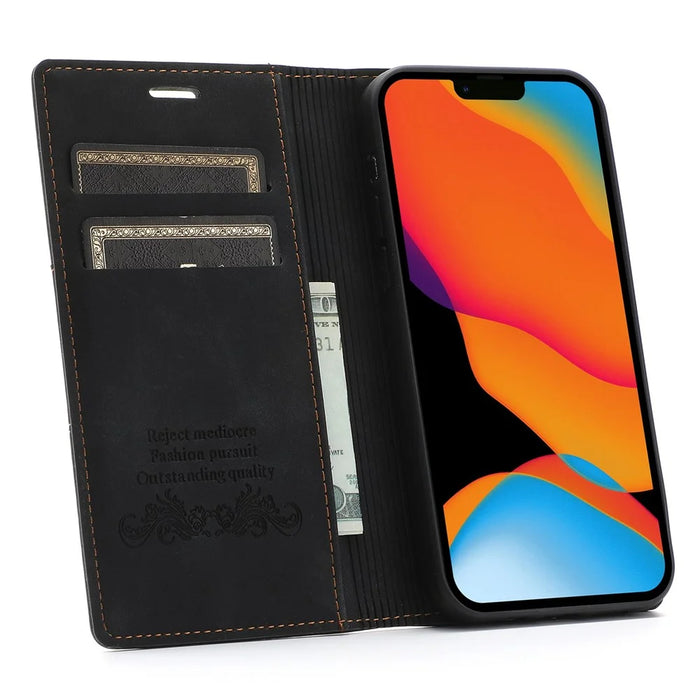 For iPhone 14 Pro 6.1 inch PU Leather Wallet Case Magnetic Auto-absorbed Full Protection Mobile Phone Shell with Stand - Black - 3