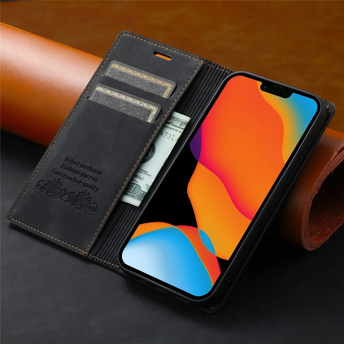 For iPhone 14 Pro 6.1 inch PU Leather Wallet Case Magnetic Auto-absorbed Full Protection Mobile Phone Shell with Stand - Black - 5