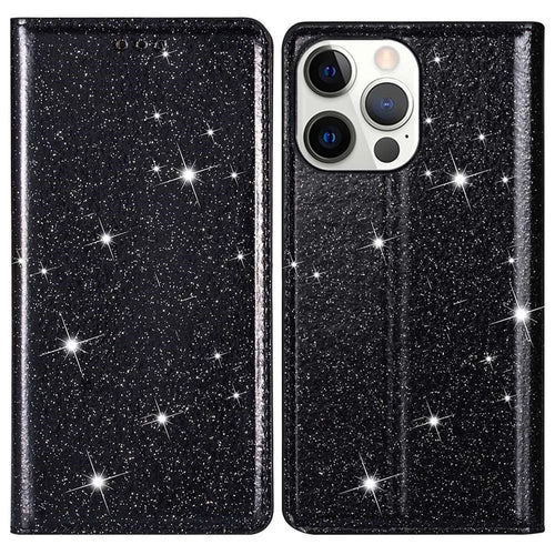 For iPhone 14 Pro 6.1 inch Glitter Sequins Stand Card Holder Anti-scratch PU Leather Protective Phone Case Cover - Black - 1