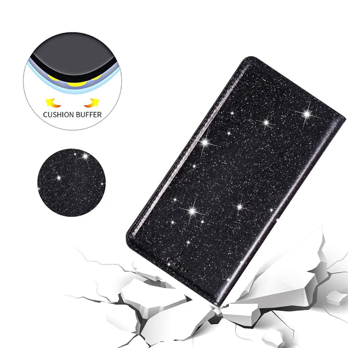 For iPhone 14 Pro 6.1 inch Glitter Sequins Stand Card Holder Anti-scratch PU Leather Protective Phone Case Cover - Black - 4