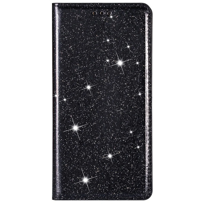 For iPhone 14 Pro 6.1 inch Glitter Sequins Stand Card Holder Anti-scratch PU Leather Protective Phone Case Cover - Black - 6