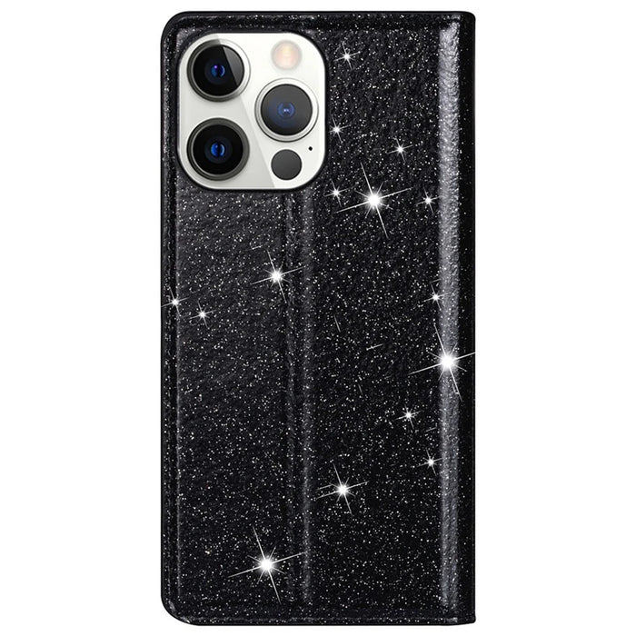 For iPhone 14 Pro 6.1 inch Glitter Sequins Stand Card Holder Anti-scratch PU Leather Protective Phone Case Cover - Black - 7