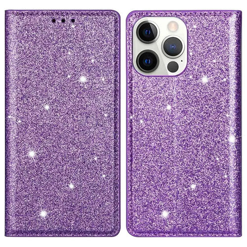 For iPhone 14 Pro Max 6.7 inch Glitter Sequins Full Protection Stand Card Holder PU Leather Protective Phone Case Cover - Purple - 1