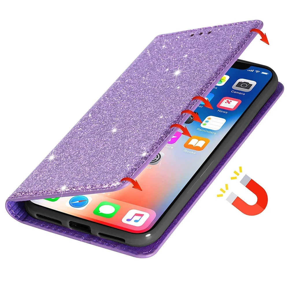 For iPhone 14 Pro Max 6.7 inch Glitter Sequins Full Protection Stand Card Holder PU Leather Protective Phone Case Cover - Purple - 4
