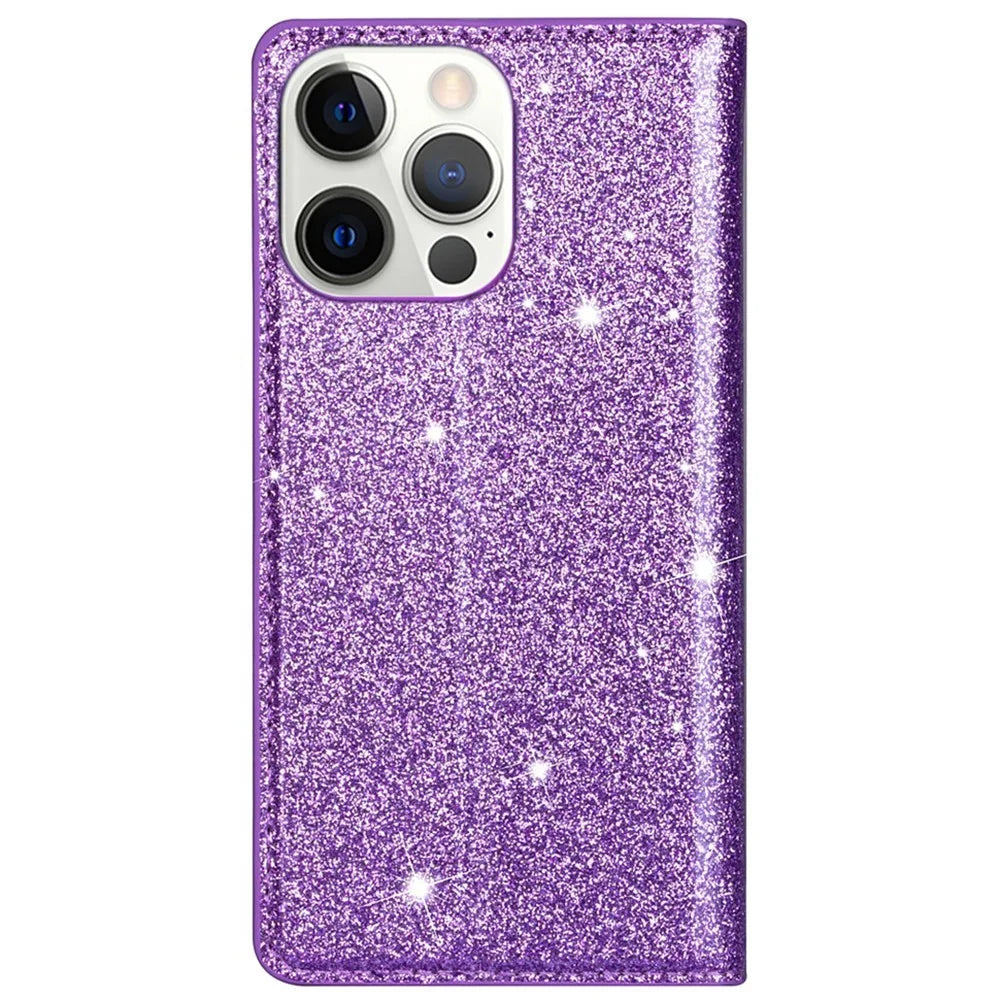 For iPhone 14 Pro Max 6.7 inch Glitter Sequins Full Protection Stand Card Holder PU Leather Protective Phone Case Cover - Purple - 7