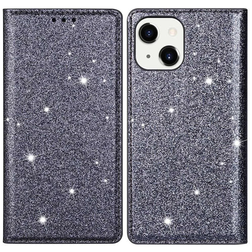 For iPhone 14 Plus 6.7 inch Glitter Sequins Stand Card Holder PU Leather Fall Proof Protective Phone Case Cover - Grey - 1