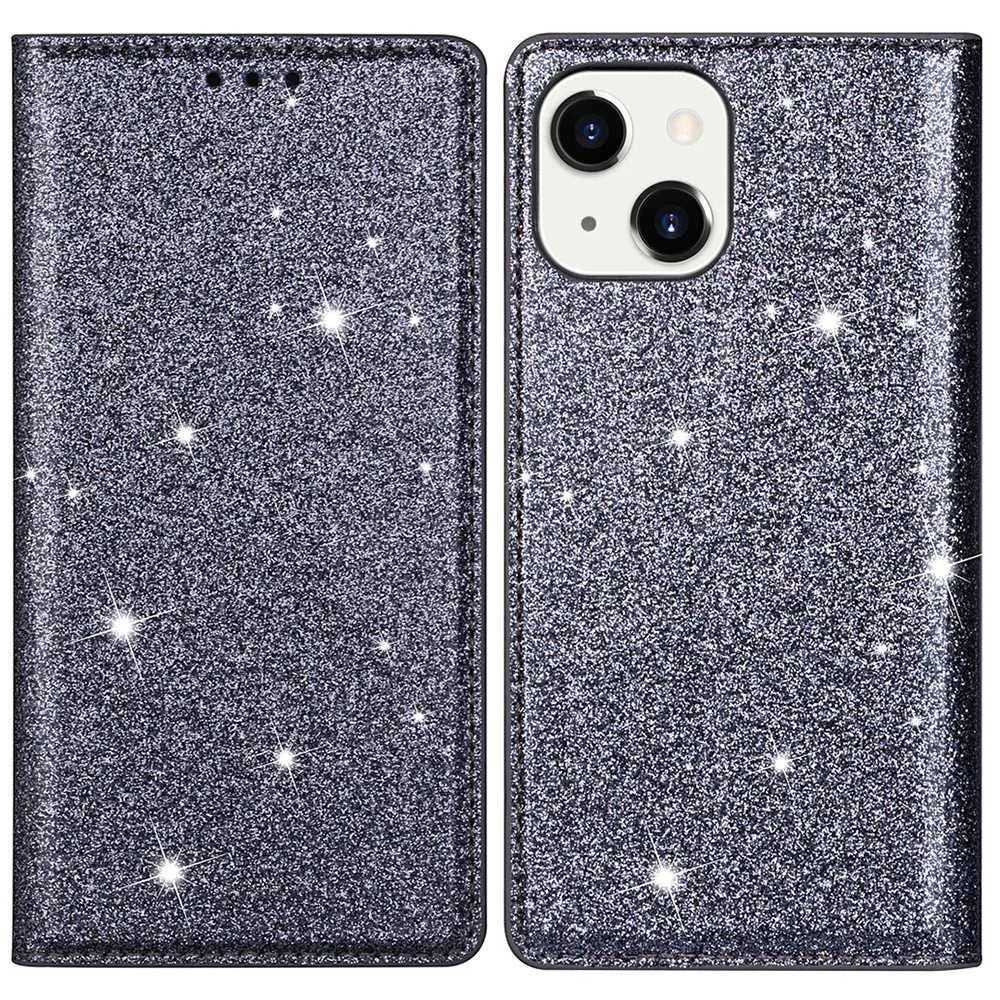 For iPhone 14 Plus 6.7 inch Glitter Sequins Stand Card Holder PU Leather Fall Proof Protective Phone Case Cover - Grey - 1