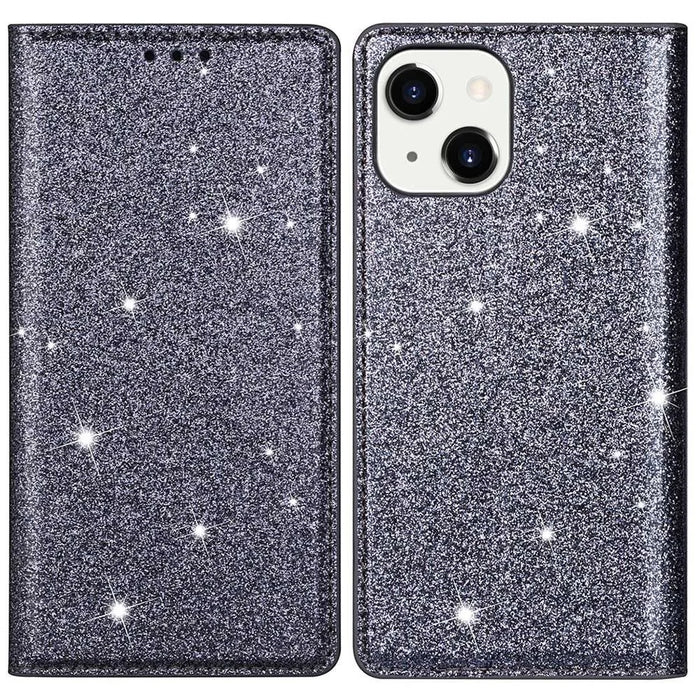 For iPhone 14 Plus 6.7 inch Glitter Sequins Stand Card Holder PU Leather Fall Proof Protective Phone Case Cover - Grey - 1