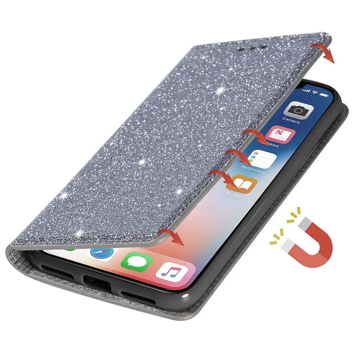 For iPhone 14 Plus 6.7 inch Glitter Sequins Stand Card Holder PU Leather Fall Proof Protective Phone Case Cover - Grey - 4
