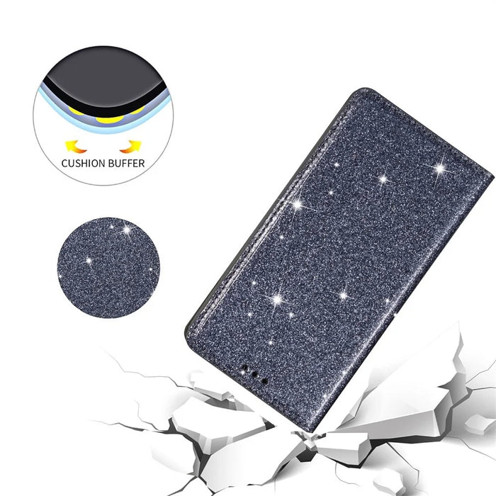 For iPhone 14 Plus 6.7 inch Glitter Sequins Stand Card Holder PU Leather Fall Proof Protective Phone Case Cover - Grey - 5