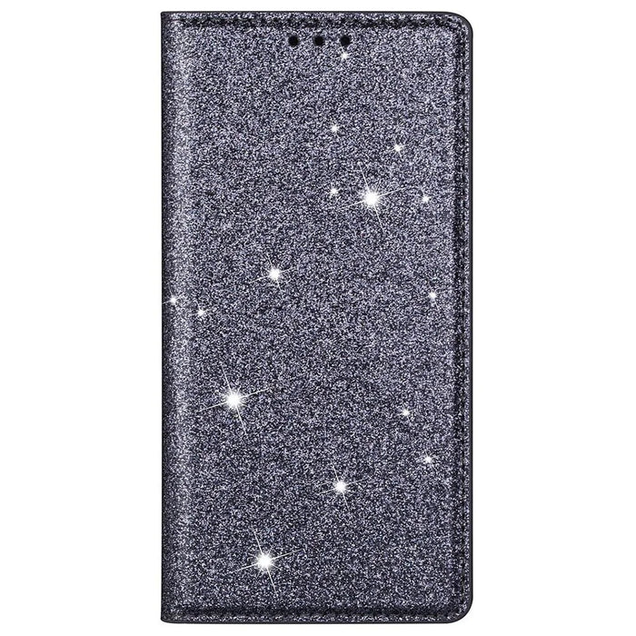 For iPhone 14 Plus 6.7 inch Glitter Sequins Stand Card Holder PU Leather Fall Proof Protective Phone Case Cover - Grey - 6