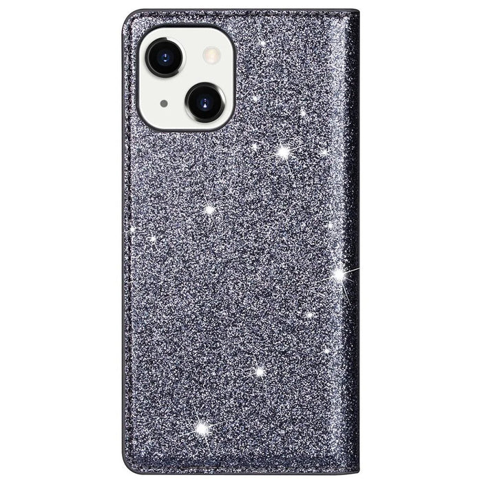 For iPhone 14 Plus 6.7 inch Glitter Sequins Stand Card Holder PU Leather Fall Proof Protective Phone Case Cover - Grey - 7