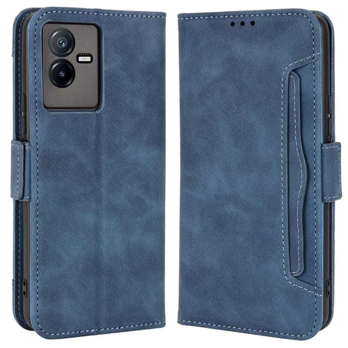 For vivo T2x 5G Stand Feature Multiple Card Slots Case PU Leather Wallet Magnetic Clasp Drop-proof Shell - Blue - 1