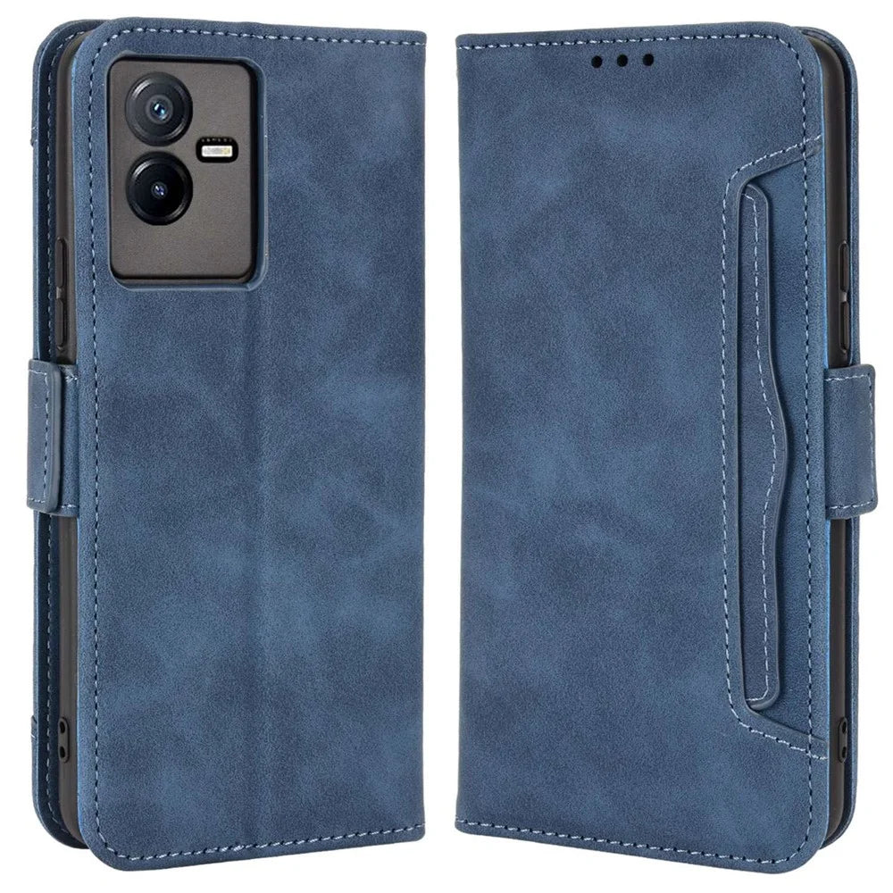 For vivo T2x 5G Stand Feature Multiple Card Slots Case PU Leather Wallet Magnetic Clasp Drop-proof Shell - Blue - 1