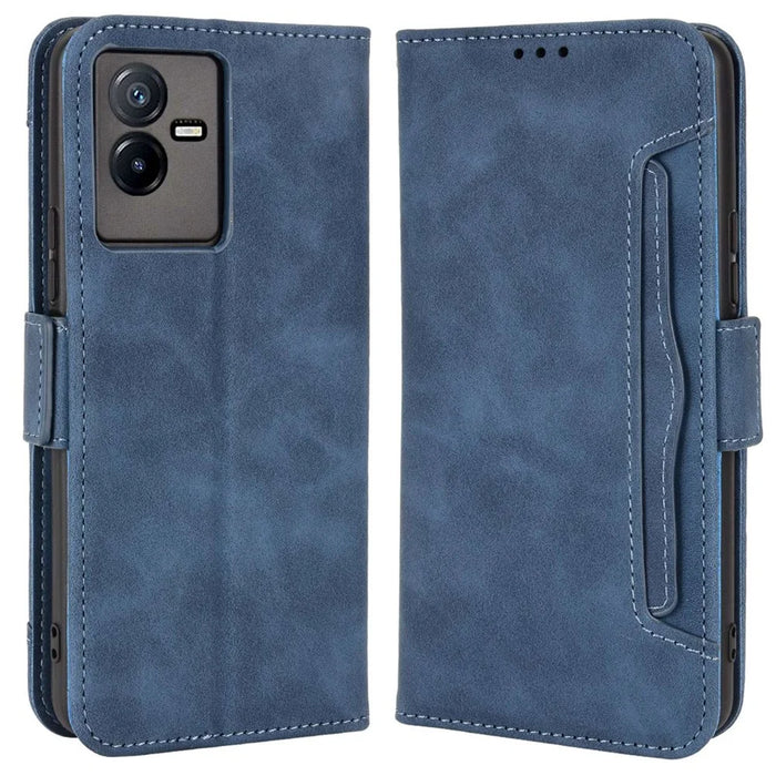 For vivo T2x 5G Stand Feature Multiple Card Slots Case PU Leather Wallet Magnetic Clasp Drop-proof Shell - Blue - 1