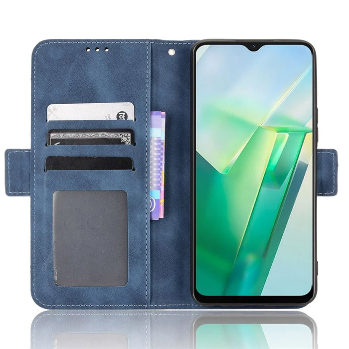 For vivo T2x 5G Stand Feature Multiple Card Slots Case PU Leather Wallet Magnetic Clasp Drop-proof Shell - Blue - 3