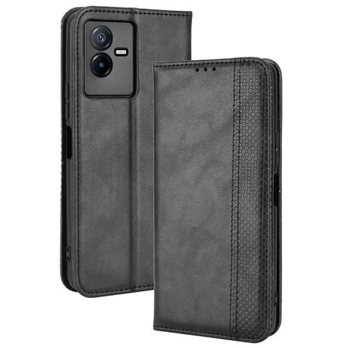 For vivo T2x 5G Retro Texture Leather Cell Phone Case Stand Magnetic Absorption Wallet Style Anti-shock Shell - Black - 1