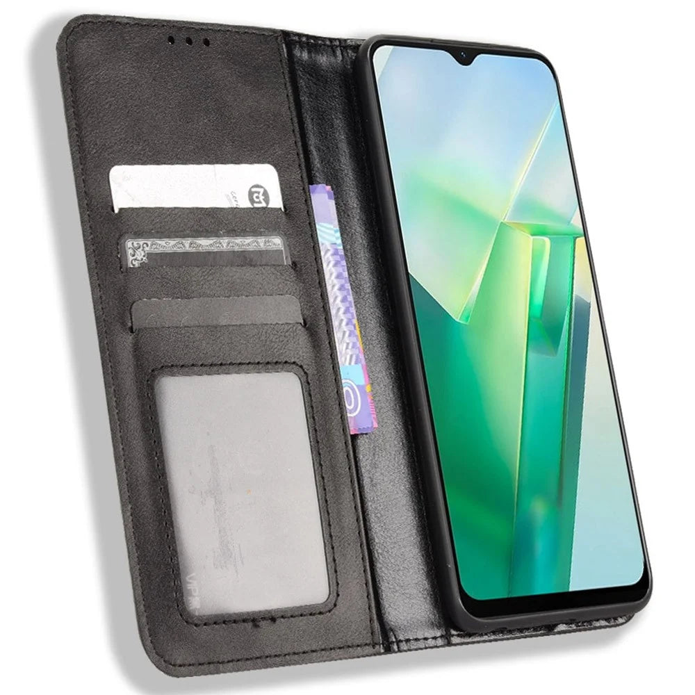 For vivo T2x 5G Retro Texture Leather Cell Phone Case Stand Magnetic Absorption Wallet Style Anti-shock Shell - Black - 2