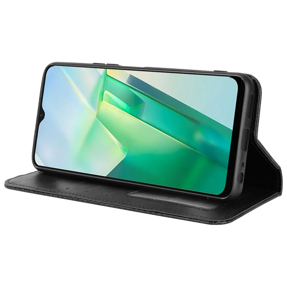 For vivo T2x 5G Retro Texture Leather Cell Phone Case Stand Magnetic Absorption Wallet Style Anti-shock Shell - Black - 3