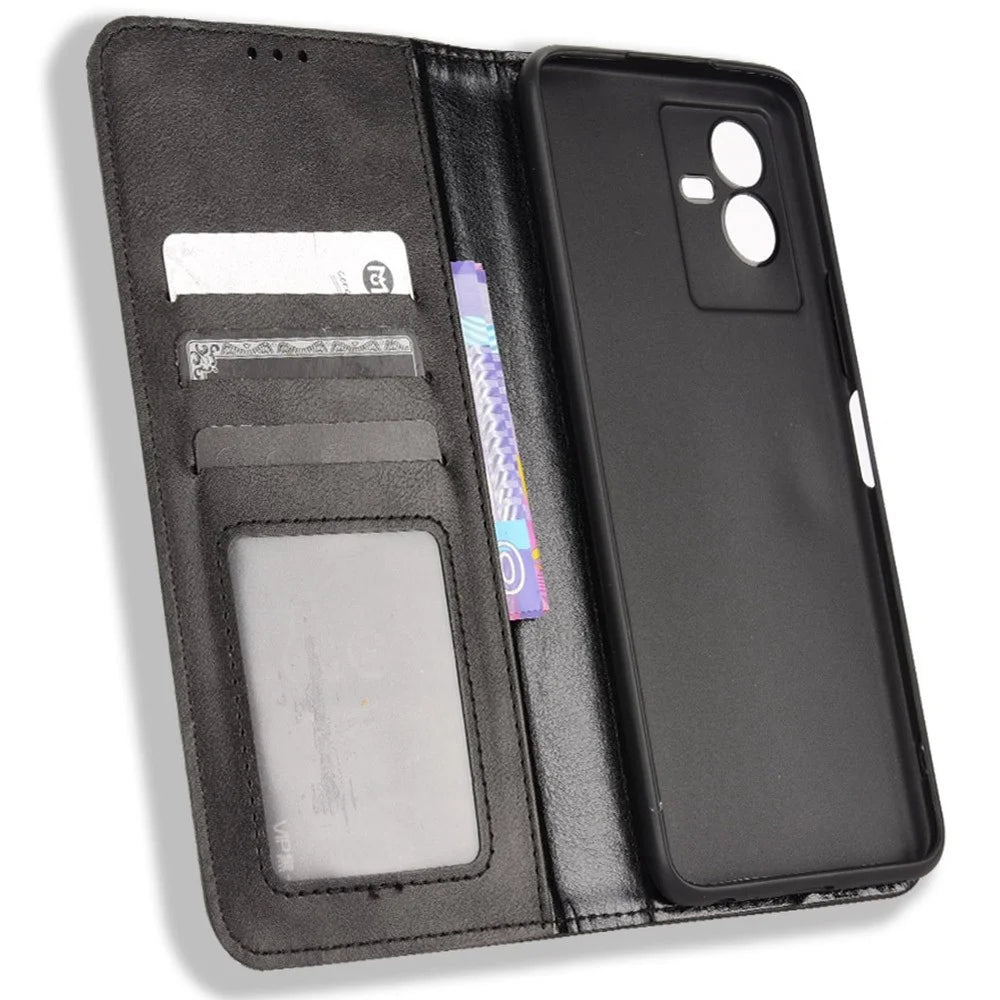 For vivo T2x 5G Retro Texture Leather Cell Phone Case Stand Magnetic Absorption Wallet Style Anti-shock Shell - Black - 5