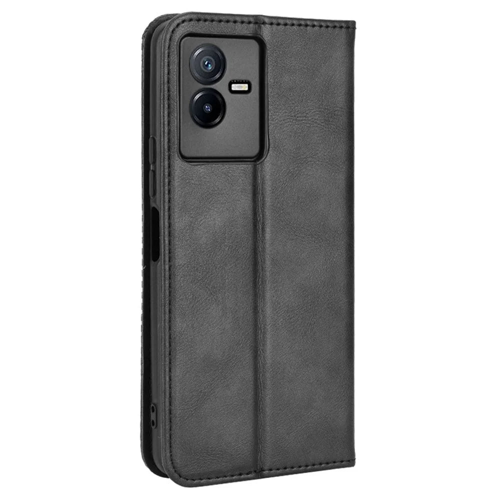 For vivo T2x 5G Retro Texture Leather Cell Phone Case Stand Magnetic Absorption Wallet Style Anti-shock Shell - Black - 7