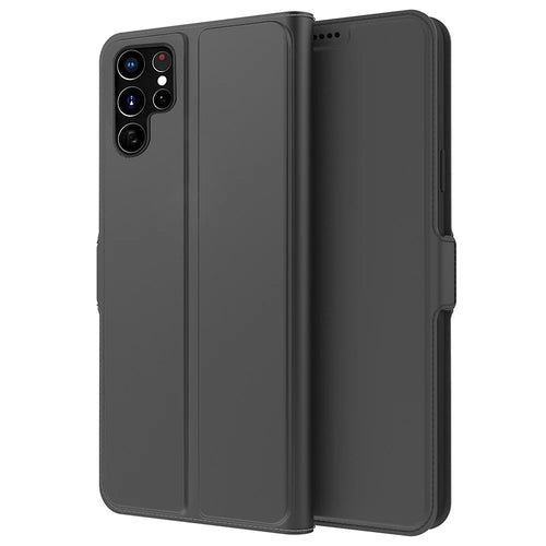 For Samsung Galaxy S22 Ultra 5G PU Leather Folding Stand Cover Card Slot Design Magnetic Protect Flip Phone Case - Black - 1