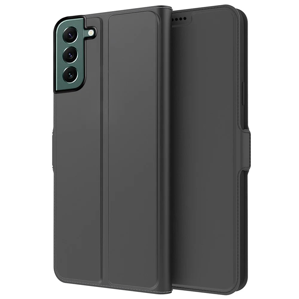 For Samsung Galaxy S22+ 5G PU Leather Phone Case Card Slot Dual Magnetic Clasp Stand Flip Cover - Black - 1