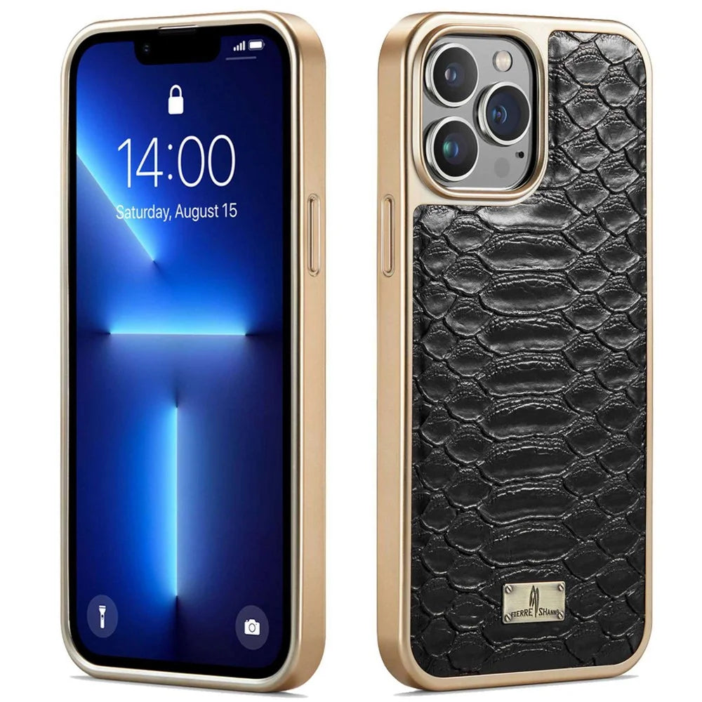 FIERRE SHANN for iPhone 13 Pro Max 6.7 inch Non-slip Grip Snake Texture PU Leather Coated PC Back Shell Electroplating Edge Mobile Phone Cover - Black - 1