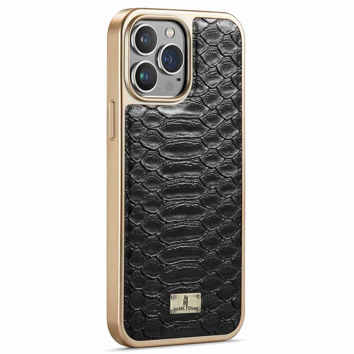 FIERRE SHANN for iPhone 13 Pro Max 6.7 inch Non-slip Grip Snake Texture PU Leather Coated PC Back Shell Electroplating Edge Mobile Phone Cover - Black - 2