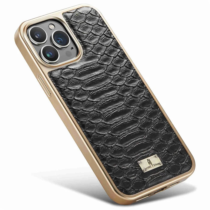FIERRE SHANN for iPhone 13 Pro Max 6.7 inch Non-slip Grip Snake Texture PU Leather Coated PC Back Shell Electroplating Edge Mobile Phone Cover - Black - 4