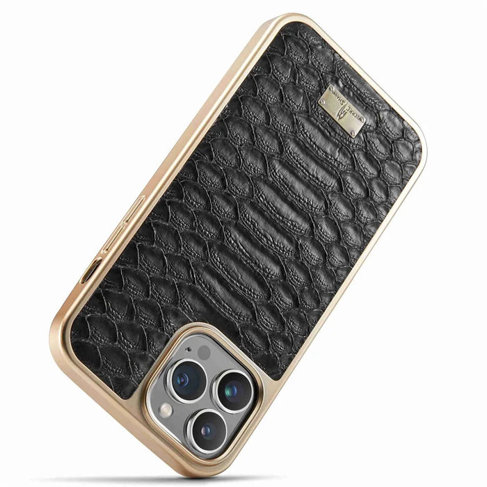 FIERRE SHANN for iPhone 13 Pro Max 6.7 inch Non-slip Grip Snake Texture PU Leather Coated PC Back Shell Electroplating Edge Mobile Phone Cover - Black - 5