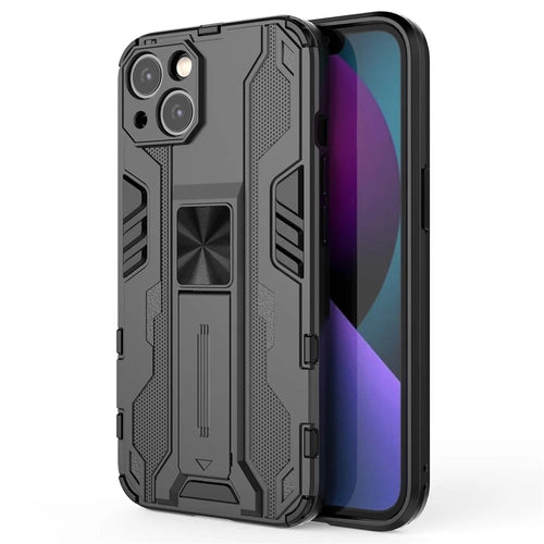 For iPhone 14 Plus 6.7 inch Shockproof Hard PC+Soft TPU Cell Phone Cover Camera Protection Kickstand Back Case - Black - 1
