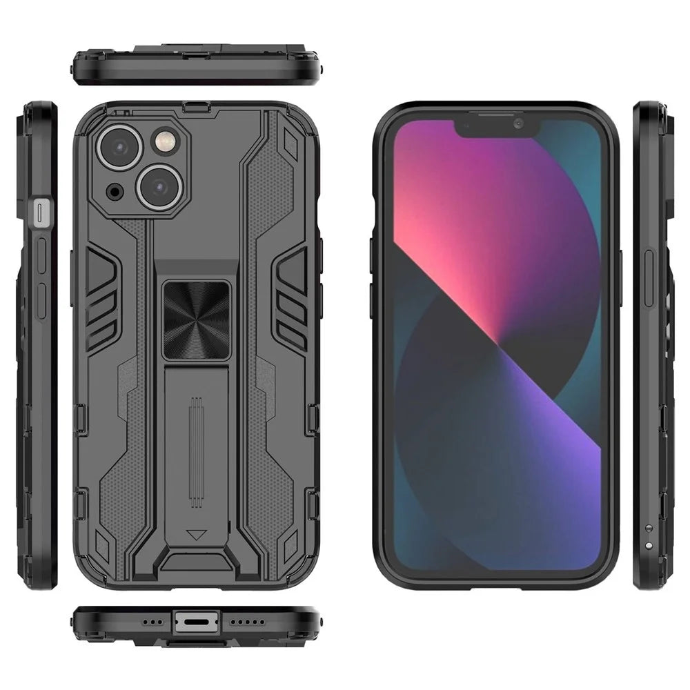 For iPhone 14 Plus 6.7 inch Shockproof Hard PC+Soft TPU Cell Phone Cover Camera Protection Kickstand Back Case - Black - 6