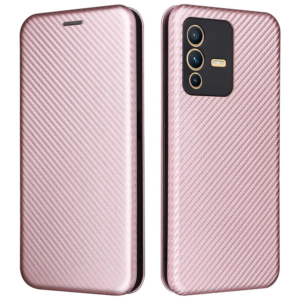 For vivo S12 / V23 5G Card Holder Mobile Phone Case Carbon Fiber Texture Magnetic Auto-absorbed PU Leather Stand Phone Cover - Rose Gold - 1