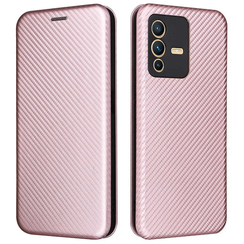 For vivo S12 / V23 5G Card Holder Mobile Phone Case Carbon Fiber Texture Magnetic Auto-absorbed PU Leather Stand Phone Cover - Rose Gold - 1