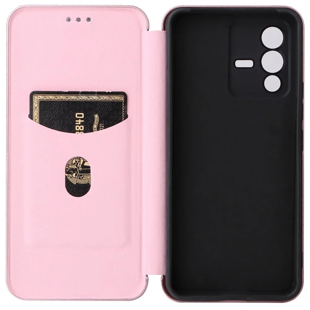 For vivo S12 / V23 5G Card Holder Mobile Phone Case Carbon Fiber Texture Magnetic Auto-absorbed PU Leather Stand Phone Cover - Rose Gold - 5