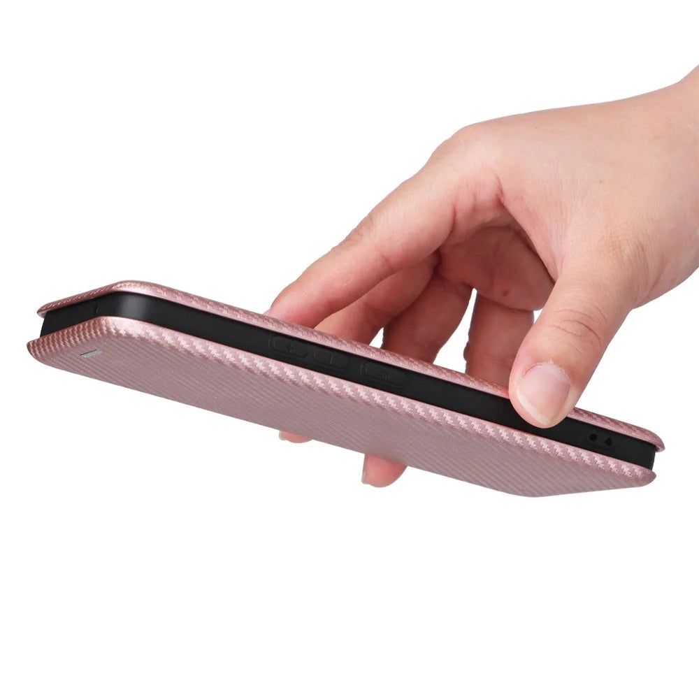 For vivo S12 / V23 5G Card Holder Mobile Phone Case Carbon Fiber Texture Magnetic Auto-absorbed PU Leather Stand Phone Cover - Rose Gold - 6