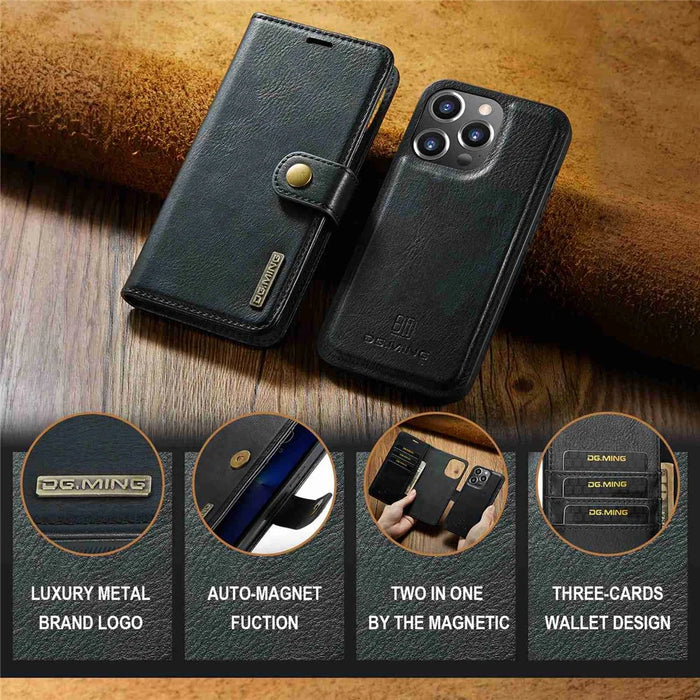 DG.MING For iPhone 14 Pro Max 6.7 inch Wallet Magnetic Detachable Case Split Leather Stand Flip Phone Cover - Black - 4
