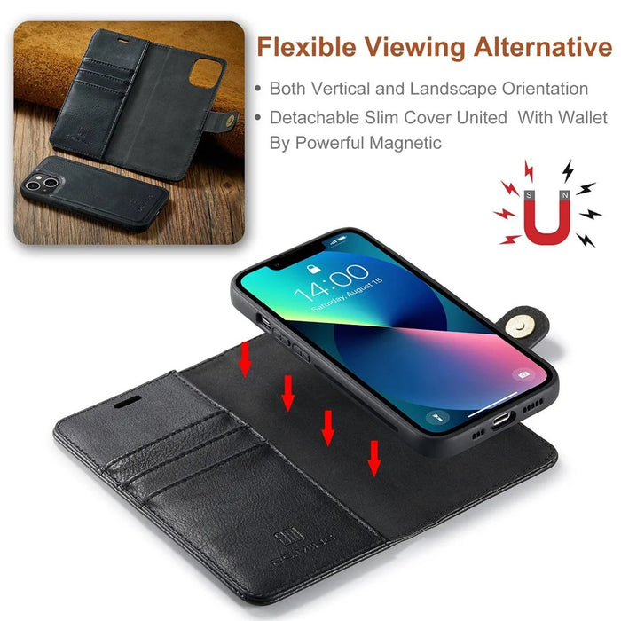 DG.MING For iPhone 14 6.1 inch Detachable Magnetic Case Split Leather Wallet Stand Shockproof  Flip Protective Cover - Black - 7