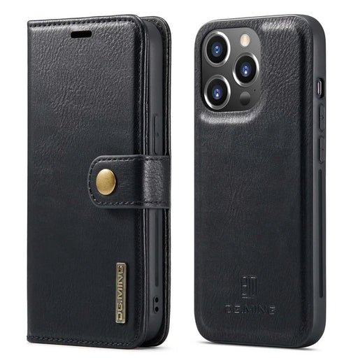 DG.MING For iPhone 14 Pro 6.1 inch 2-in-1 Detachable Cover Magnetic Absorption Stand Flip Folio Split Leather Wallet Case - Black - 1